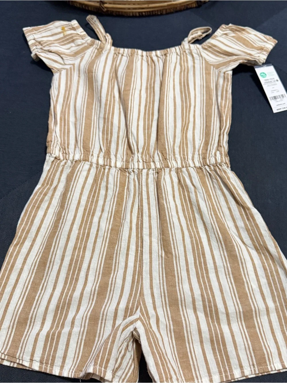 OshKosh B'gosh Tan and White Striped Off the Shoulder Romper Size 6/6x